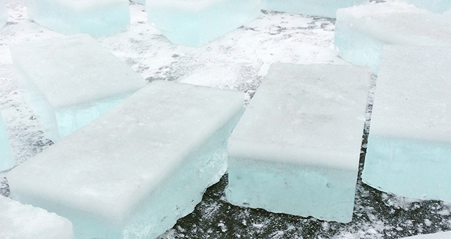 400 lb blocks of ice cut from Lake Calhoun in March 2016. Photo courtesy the artists.